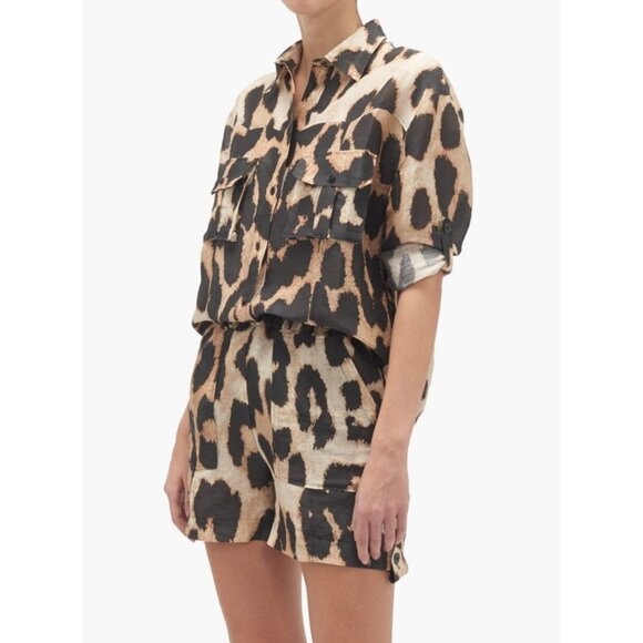 Ganni Pants - GANNI Silk Linen Leopard Print Shirt + Matching Shorts SET Size 32 XS